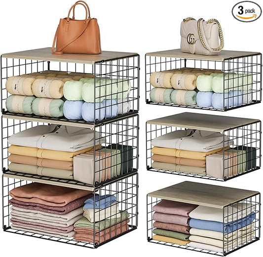 Extra-Long, Low-Profile Closet Organizers and Storage with Wood Top, 3 Pack Stackable Closet Shelf Organizer, Space-Saving Clothes Storage Bin for Wardrobe & Bedroom & Small Spaces, Sturdy Metal Black