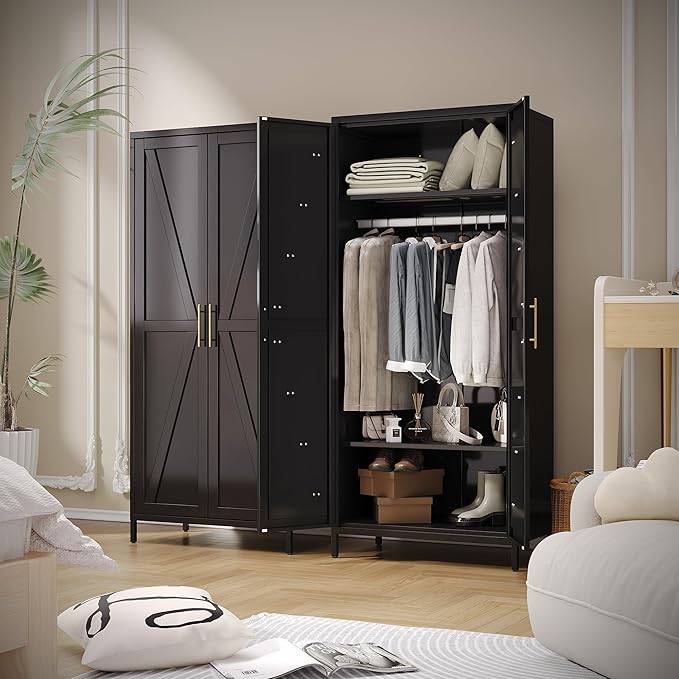 Aobabo 2 Door Metal Wardrobe Cabinet with Hanging Rod, Metal Wardrobe Closet with 2 Adjustable Shelves, Storage Lockers for Home,Office,Installation Required, Black