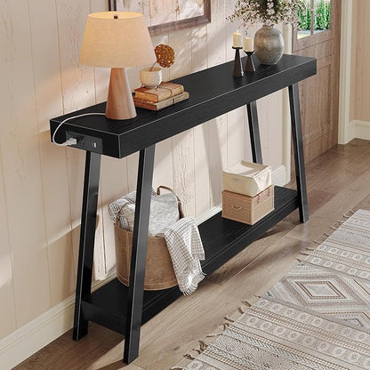 Huuger Console Table with Charging Station, USB-C Port, 2 Tiers Entryway Table, 53.9 Inch Sofa Table with Metal Legs, Entry Hallway Table with Thicker Desktop, Modern Behind Couch Table, Black