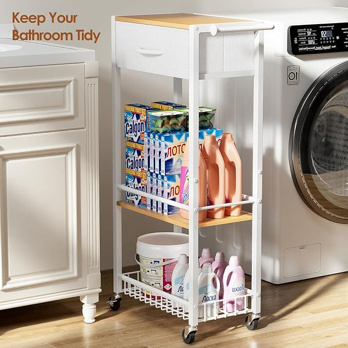 Lewondr Rolling Storage Cart with Drawers, 3-Tier Laundry Room Shelves, Sturdy Bathroom Organizer Shelf with Wood Top, Rolling Drawer Cart with Handle and Wheels for Kitchen, Office, Classroom, White