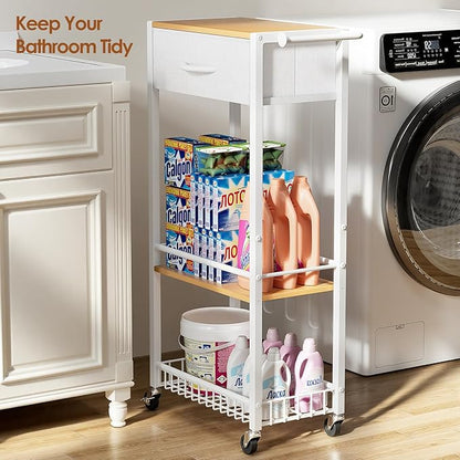 Lewondr Rolling Storage Cart with Drawers, 3-Tier Laundry Room Shelves, Sturdy Bathroom Organizer Shelf with Wood Top, Rolling Drawer Cart with Handle and Wheels for Kitchen, Office, Classroom, White