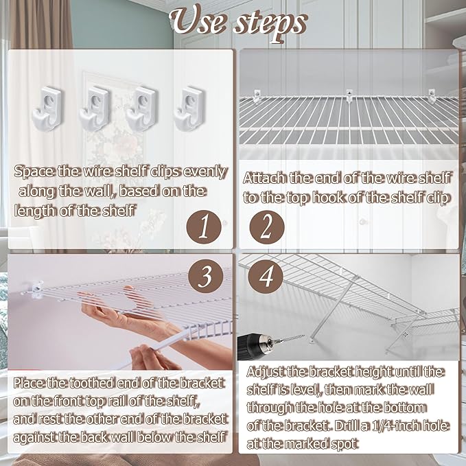 6PCS 12 Inch Wire Shelf Brackets, Heavy Duty Wire Shelving Support Brackets, Closet Rack Support with 4 PCS Wire Shelf Clips, Closet Wire Shelf Support Brackets for Laundry, Closet, Garage