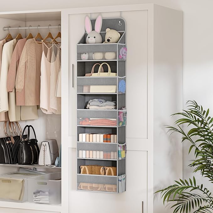 LAMU 5-Tier Over The Door Organizer Hanging, Swing - Proof Closet Behind Door Storage for Baby Clothes, Back of Door Organizers for Bedroom, Nursery and Bathroom, Grey, 2 Pack