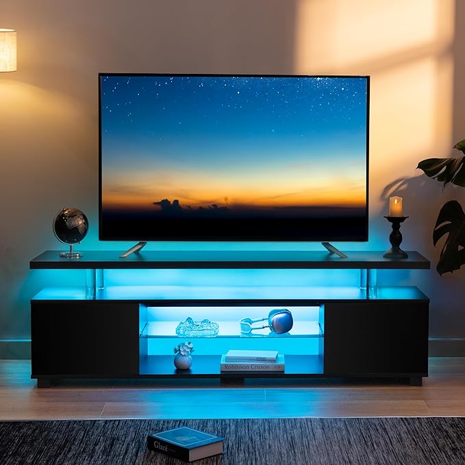 Black TV Stand 65 inch,LED TV Stand for Living Room,Glass Entertainment Center TV Stand, TV Console Tables for Living Room,Bedroom,Home Office