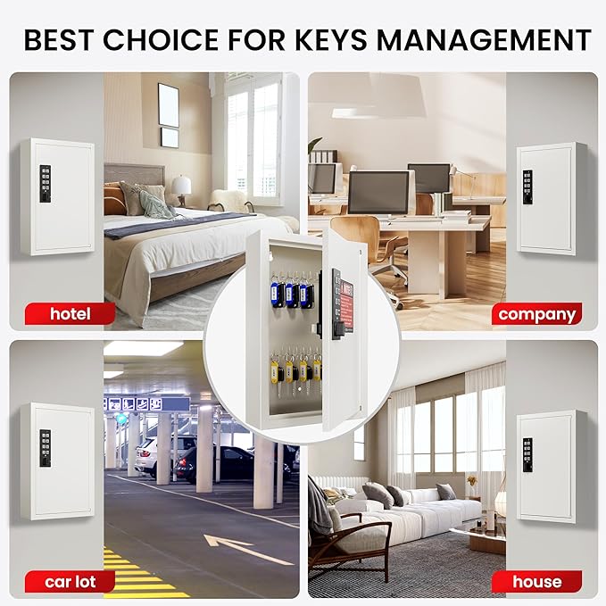 Grimtron Key Lock Box for Keys with Code, Key Box Wall Mount Cabinet, Electronic Lock, Private/Public Mode, 40 Keys, Beige