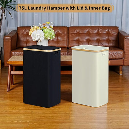 75L Slim Laundry Hamper, Narrow Laundry Basket with Lid,Foldable Clothes Hamper with Bamboo Handles,Hamper Basket with Removable Inner Bag for Laundry Room Bedroom College Dorm,19.8 Gals Black