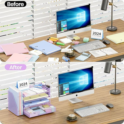 OPNICE Desk Organizer, 4-Tier Desktop File Organizer with Drawer and 2 Pen Holders, Office Desk Accessories, File Sorters, Workspace Organizers for Office Supplies(Purple)