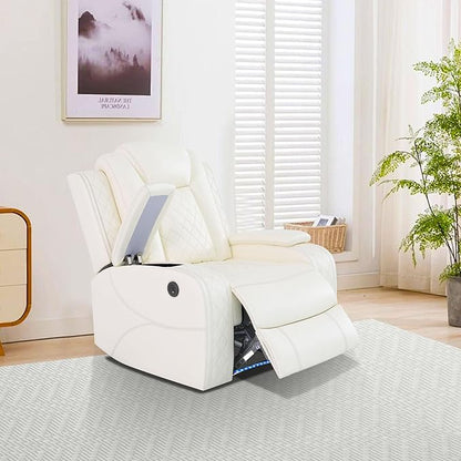 Leather Power Recliner Chair, Creamy White Power Living Room Furniture Sets with LED, Reclining Chair with Center Console, Storage,Cup Holders,Recliner Couch for Living Room, Meeting Room
