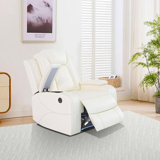 Leather Power Recliner Chair, Creamy White Power Living Room Furniture Sets with LED, Reclining Chair with Center Console, Storage,Cup Holders,Recliner Couch for Living Room, Meeting Room