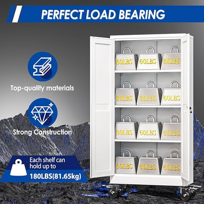 Metal Garage Storage Cabinet with Lock, 61” Tall Lockable File Cabinet with Wheels, Steel Tool Cabinet with 2 Door and 3 Adjustable Shelves, Rolling Cabinet for Home Office Garage Gym - White