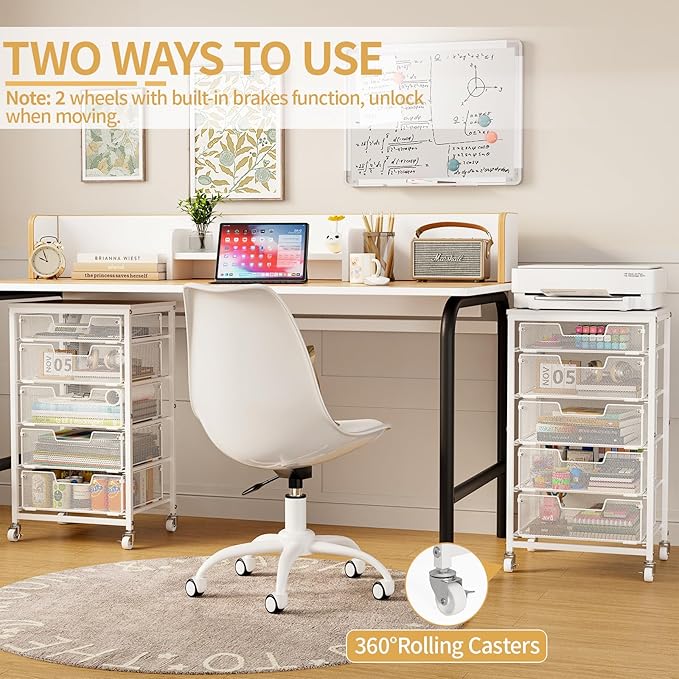 Utility Cart with 5 Drawers, Rolling Storage Cart with Wooden Tabletop and Lockable Wheels, Storage Drawer Cart Craft Cart for Bedroom, Classroom, Home, Office, White