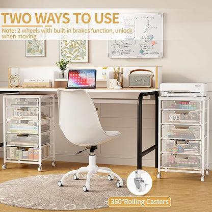 Utility Cart with 5 Drawers, Rolling Storage Cart with Wooden Tabletop and Lockable Wheels, Storage Drawer Cart Craft Cart for Bedroom, Classroom, Home, Office, White