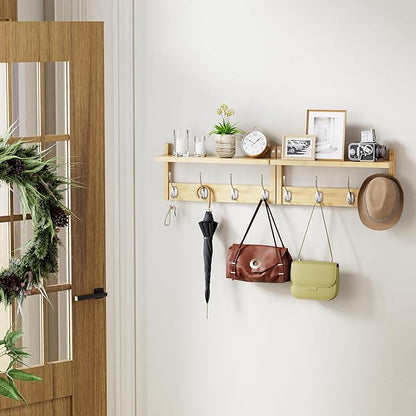 Coat Rack with Shelf, 2 Pack Bamboo Wall-Mounted Coat Hanger with 8 Hooks for Entryway, Hallway, Kitchen, Bathroom, Living Room, Utility Room (Natural)