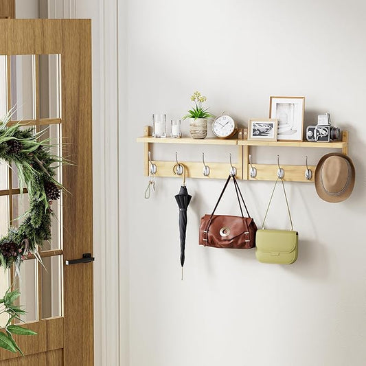 Coat Rack with Shelf, 2 Pack Bamboo Wall-Mounted Coat Hanger with 8 Hooks for Entryway, Hallway, Kitchen, Bathroom, Living Room, Utility Room (Natural)