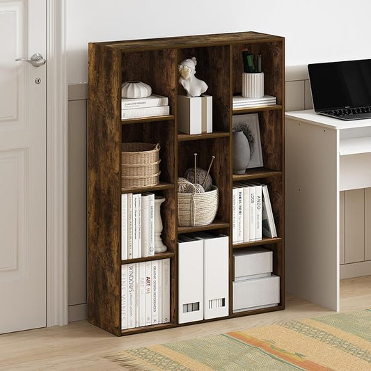 Furinno LUDER Book Shelf, 11-Cube Bookshelf, Reversible Bookcase, 9.4 x 29.1 x 41.7, for Living Room, Bedroom, Home Office, Amber Pine