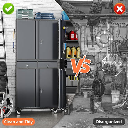 Garage Storage Cabinet with Wheels, 8 Hooks and Pegboards, 71" H 2 Drawer Rolling Metal Storage Cabinet with Locking Doors and 2 Adjustable Shelves for Garage, Warehouse, Black and Dark Gray