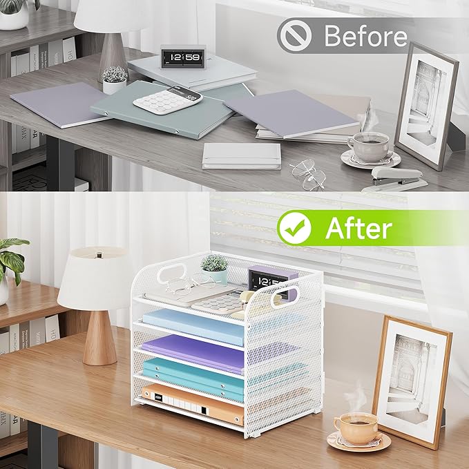 5 Tier Paper Organizer with Handle, White Metal Mesh Desk Organizer File Folder Paper Letter Tray Desktop Document Sorter for Classroom, School, Office Accessories Organization and Storage
