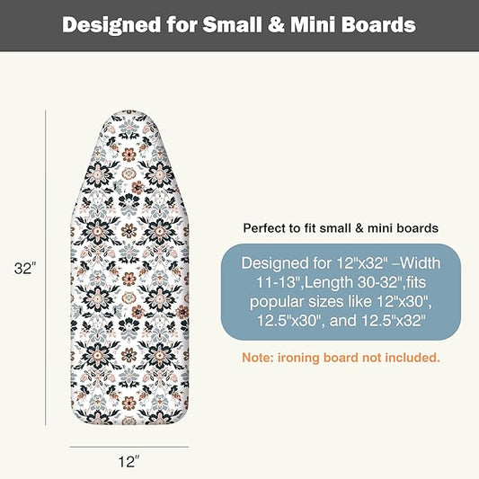 Small Ironing Board Cover and Pad 12"x32" Small Iron Board Cover with Padding,Tabletop Mini Ironing Board Cover and Pad Small Size, Cotton Canvas, Heat Resistant, Drawstring Floral