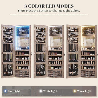 Vlsrka 47.2 Inch Full Length Mirror with Storage, Wall Mount Mirror Jewelry Cabinet, Over The Door Hanging Jewelry Armoire Organizer, Built-in Light, 4 Drawers, 5 Shelves, Christmas Gift (Wood)