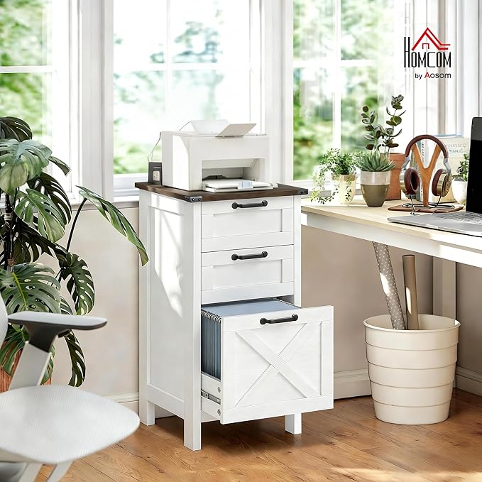 HOMCOM 3 Drawer File Cabinet with Silent Slides, Vertical Filing Cabinet for Hanging A4/Letter Size, Rustic Farmhouse Printer Stand with Storage for Home Office, Distressed White