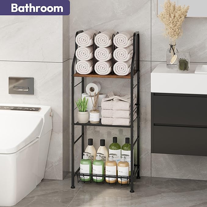 SWTYMIKI Free Standing Towel Rack - 3 Tier Towel Racks for Bathroom with M-Shaped Dividers, Durable Metal Towel Holder, Pool Towel Rack, Space-Saving Towel Storage Organizer, Modern Bath Towel Shelf