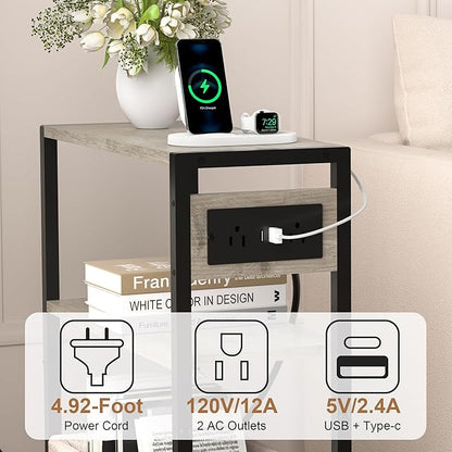 Small Narrow Side Table with Charging Station, Skinny End Table for Small Spaces, Slim Nightstand with Outlets, Sofa Bedside Table in Living Room, Bedroom, Kitchen and Balcony (Greige)