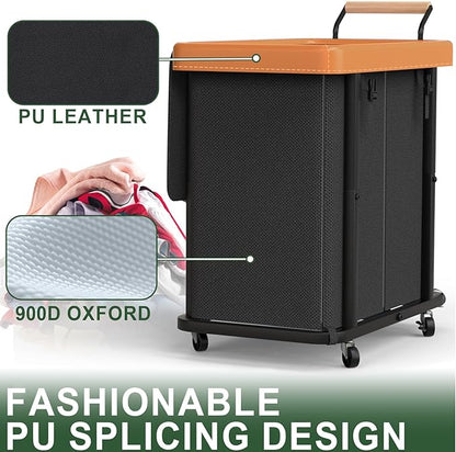 190L (50 Gal) Extra Large Fashion Laundry Hamper 2 Section with Lid, Rolling Laundry Basket Hamper with Handle, Laundry Organizer Storage Cart with Sturdy Metal Frame for Laundry Room, Hotel, black