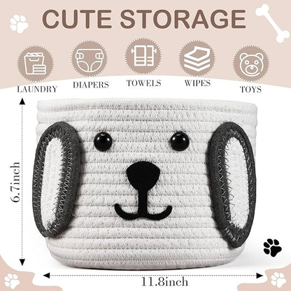 Zopeal Dog Woven Basket, 7.9" D x 6" H Cotton Rope Toy Storage Organizer, Dog Mom Gift Empty, Cute Laundry Puppy Gift Animal Basket for Clothes, Towels, Toy, Laundry, Bathroom, Home(White, Gray)