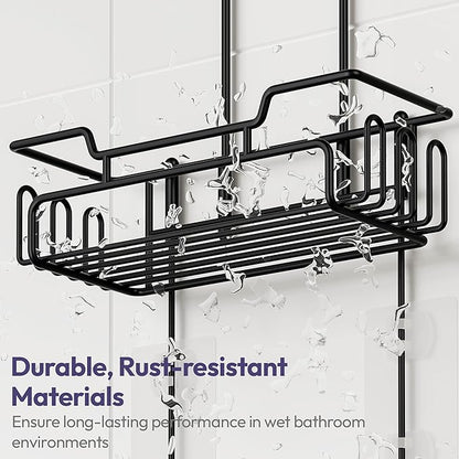 SWTYMIKI Bathroom Shower Caddy Hanging - Extended Length 2 Tier Rustproof Over Shower Head Organizer, No Drilling Bathroom Shelf with 14 Hooks & Soap Holder, Anti-Swing Rack, Black, Medium