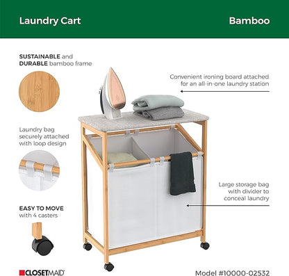 ClosetMaid Bamboo Laundry Hamper Cart with Ironing Board Folding Station, Dual Compartments with Divider, Portable Laundry Sorter, Natural Finish