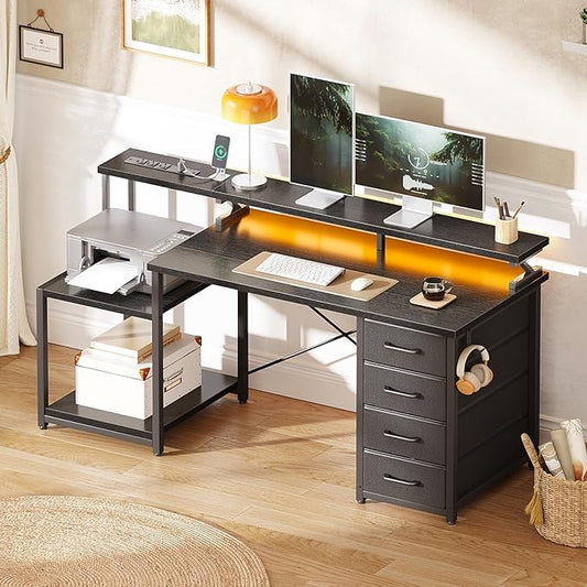 ODK 55 Inch Computer Desk with 4 Drawers, Office Desk with Power Outlets, Printer Shelf & Storage Shelves, Large Writing Study Table for Home, Bedroom, Study or Gaming Setup, Black