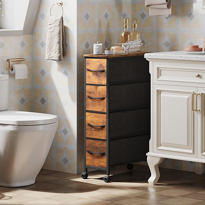 Narrow Dresser Storage Tower with 4 Drawers, Slim Dresser Chest of Drawers with Steel Frame, Wood Top, Dresser for Bedroom, Bathroom, Small Spaces, Laundry, Closet (Rustic Brown)
