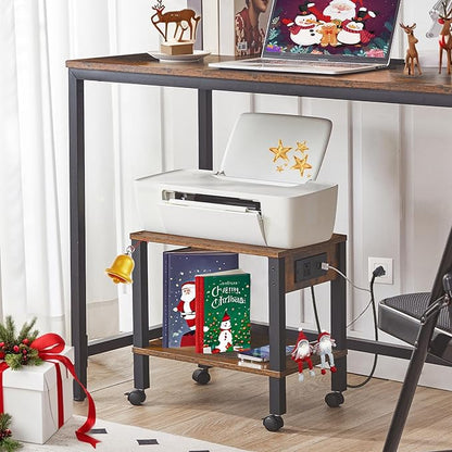 HOOBRO 2-Tier Printer Stand with Charging Station, Under Desk Printer Table, Printer Cart with Storage Shelves, Shelf for Small Spaces, for Home Office, Rustic Brown and Black BF38UPS01