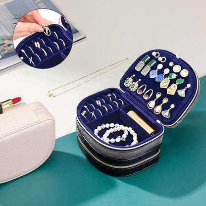 ProCase Travel Size Jewelry Box, Medium Portable Seashell-Shaped Jewelry Case, 2 Layer Mini Jewelry Organizer in PU Leather for Women -Glossy Black