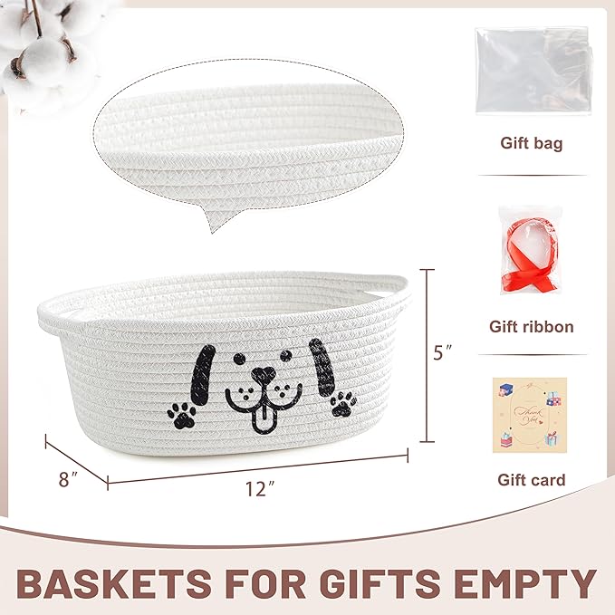 Small Woven Dog Gifts Basket for Storage Empty Dog Toy Bins Organizer with Ribbons and Bags Durable Cute Pet Gifts 12"X 8" X 5" Small Rope Basket for Gifting