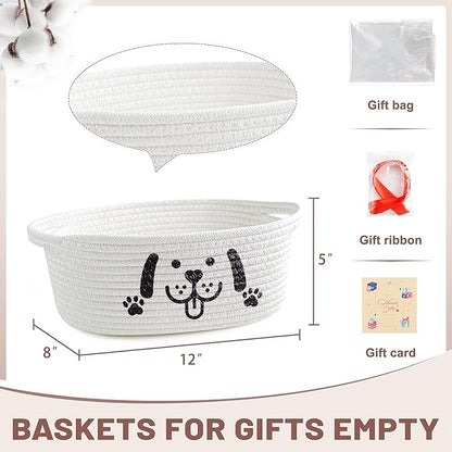 Small Woven Dog Gifts Basket for Storage Empty Dog Toy Bins Organizer with Ribbons and Bags Durable Cute Pet Gifts 12"X 8" X 5" Small Rope Basket for Gifting