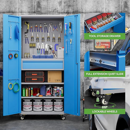 71" H Metal Garage Storage Cabinet with Wheels and Doors,Rolling Tool Cabinet with Pegboard,Rod and Drawer for Garage Warehouse Home,Required Assembly,Grey and Blue