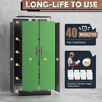 INTERGREAT Metal Lockable Storage Cabinet, 72” Storage Cabinet with 2 Doors and 4 Adjustable Shelves for Office, Home, Garage, Pantry (Assembly Required, Black Green)