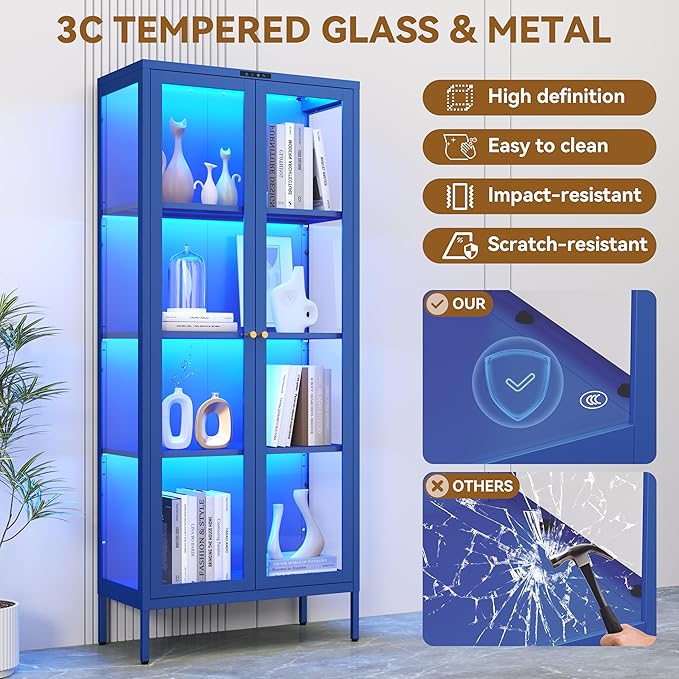 Glass Display Cabinet with Glass Doors, Metal Curio Cabinet with 8-Color LED Lights, 66 Inch Tall Display Case for Collectibles, Blue Storage Cabinet for Living Room, Assembly Required