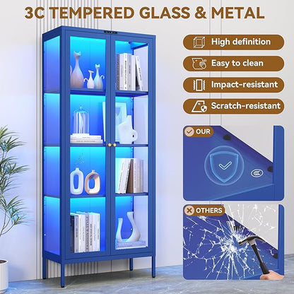 Glass Display Cabinet with Glass Doors, Metal Curio Cabinet with 8-Color LED Lights, 66 Inch Tall Display Case for Collectibles, Blue Storage Cabinet for Living Room, Assembly Required