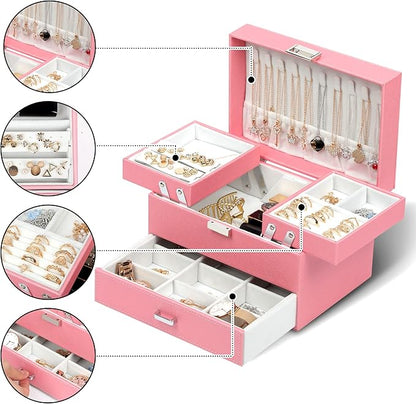 Dajasan Jewelry Organizer Box, Large Jewelry Boxes for Women Girls, Compact 3 Layers Jewelry Storage Case with Drawer, Gift Idea, Movable Metal Stand, Modern (Pink)