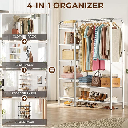 Heavy Duty Clothes Rack with 5 Tiers Shelves, Max Load 670LBS, Portable Freestanding Multi-Functional Metal Clothing Rack with Hanging Rods Organizer System for Bedroom Closet Wardrobe, Chrome