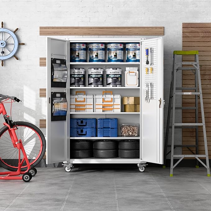 Extra Deep & Wide Metal Garage Storage Cabinet with Wheels, Magnetic Doors & Pegboard, 72" Tall Rolling Tool Organizer with 2 Tool Pouches & 4 Adjustable Shelves, Black, 43.3''W x 22''D x 72''H