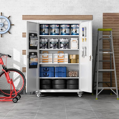 Extra Deep & Wide Metal Garage Storage Cabinet with Wheels, Magnetic Doors & Pegboard, 72" Tall Rolling Tool Organizer with 2 Tool Pouches & 4 Adjustable Shelves, Black, 43.3''W x 22''D x 72''H