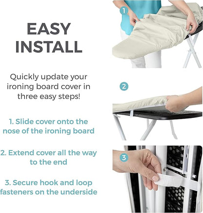 HOME GENIE Ironing Board Cover, Extra Thick Padding, Scorch Resistant Silicone Coating, 15x54 Full Size, Elastic Edge Heavy Duty Iron Pad Covers Standard Boards, Hook and Loop Fastener Strap, Linen