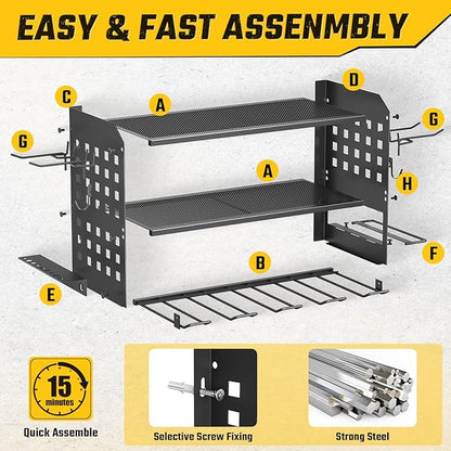 Power Tool Organizer, Heavy Duty Wall Mount Tool Organizer 3 Layers with 4 Drill Holders, Garage Tools Storage Rack with 2 Side Pegboards and Hooks for Workshop, Shed, Black