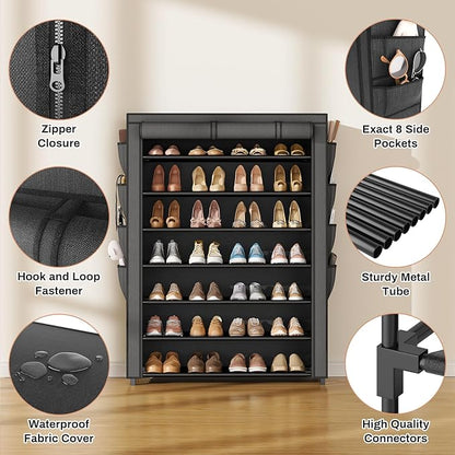 VTRIN Shoe Rack with Cover, 7 Tier Shoe Organizer Storage for 35-40 Pairs Shoes and Boots Large Capacity Tall Shoe Shelf with 8 Pockets Free Standing Shoe Rack for Closet, Entryway, Garage