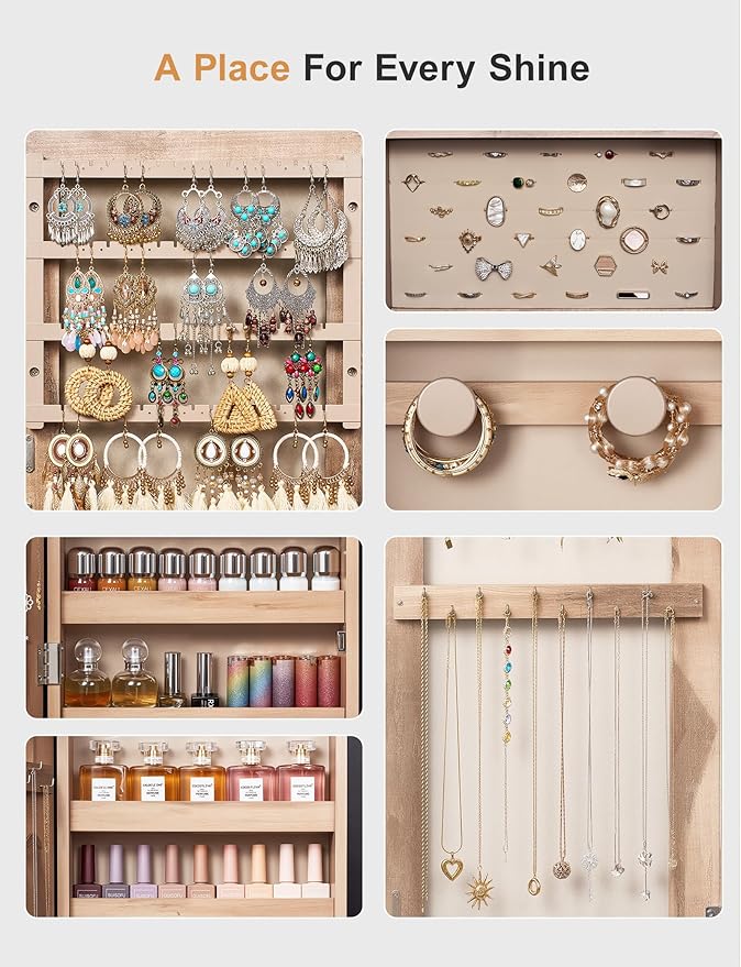 Nicetree Jewelry Cabinet Armoire with 2 Drawers,Standing Jewelry Mirror Cabinet, Full Length Mirror with Jewelry Storage, Lockable Jewelry Organizer with Mirror, Oak