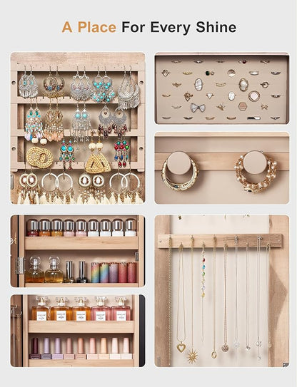 Nicetree Jewelry Cabinet Armoire with 2 Drawers,Standing Jewelry Mirror Cabinet, Full Length Mirror with Jewelry Storage, Lockable Jewelry Organizer with Mirror, Oak