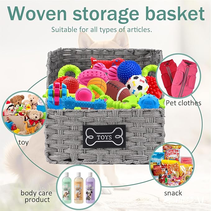 Dog Toy Storage Basket,Rattan Weave Organizer Bin for Dogs Cats,Collapsible Puppy Toys Box with Wire Frame, Easy-Access(Grey)